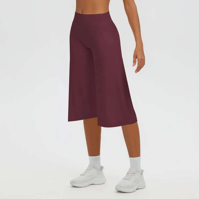 Women's Brushed Yoga Mid Length Pants High Waist Quick Drying Loose Fit Fitness Exercise Seven Inch Wide Lleg Pants