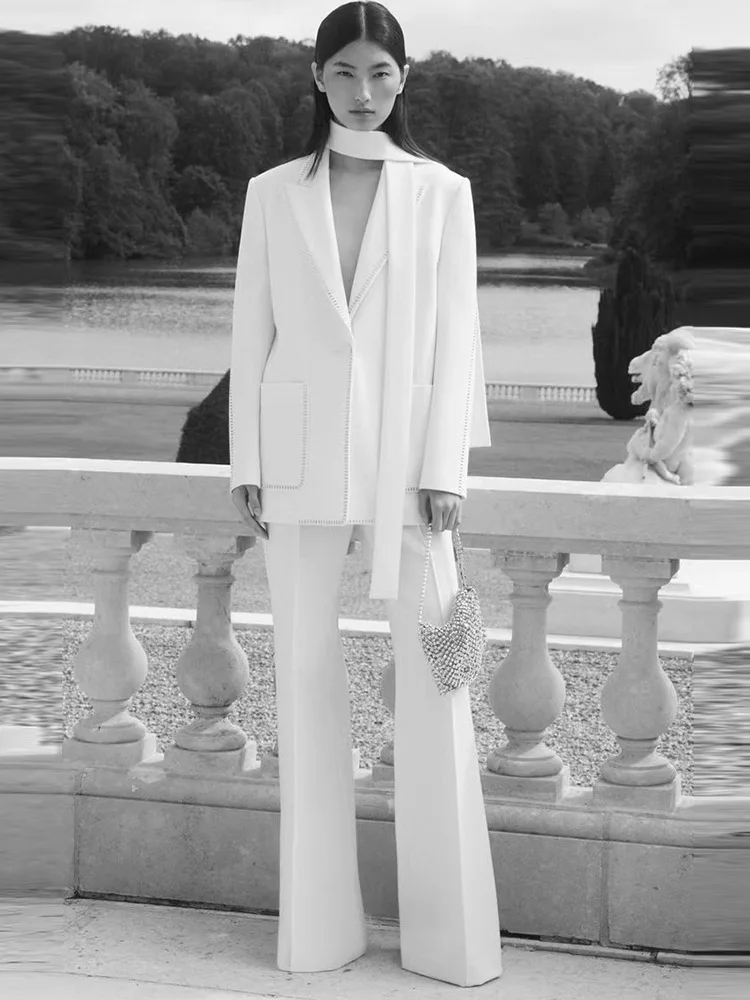 

Luxury Scarf Diamond Blazer Pants Outfit Spring Women Single Buckle Jacket+High Waist Zipper Wide Leg Pants Autumn Two Piece Set