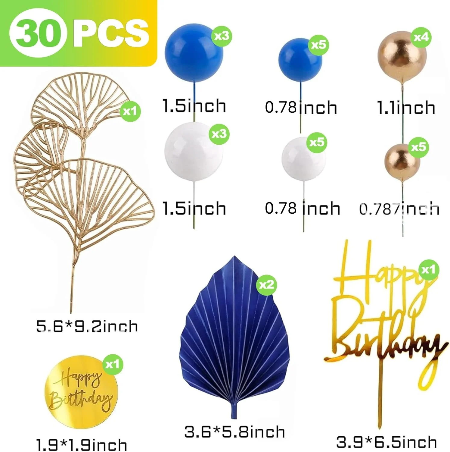 Blau-Gold Boho Tortendekoration mit Papierfächerchen und Ginkgo-Blatt-Deko - Happy Birthday Picks für Geburtstag, Hochzeit, Babyparty – Detail 2