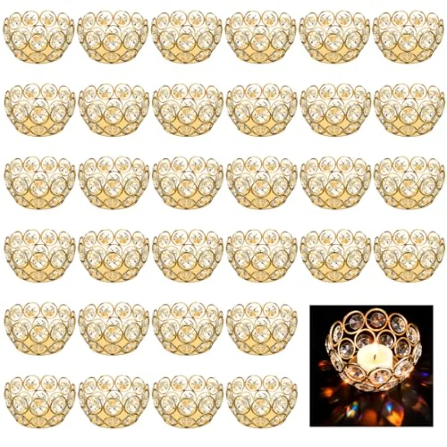 

32 Pcs Tea Light Candle Holders Gold Tealight Jewel Stands Crystal Votive Candle Holders for Wedding Party Home Table Centerpie