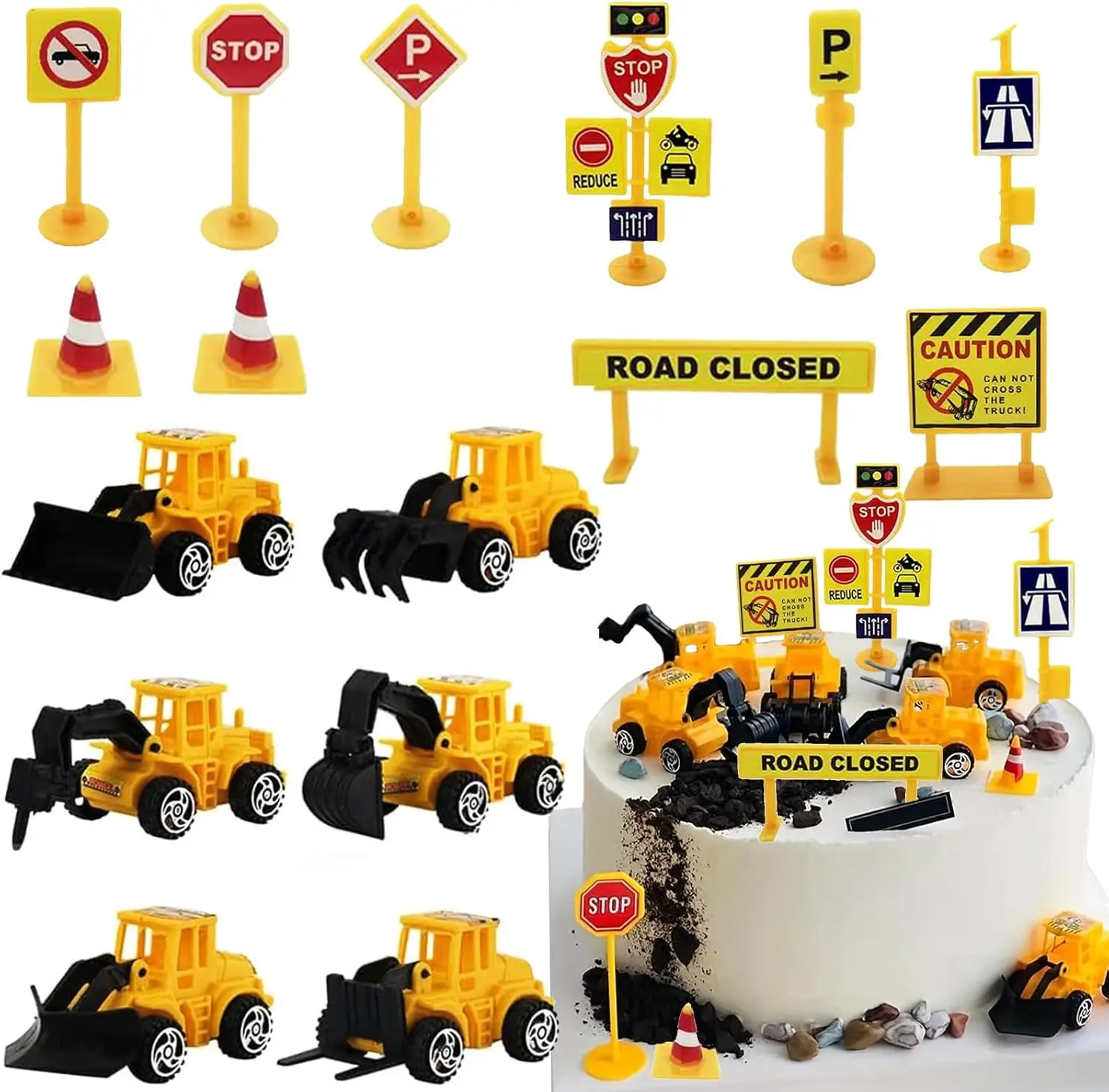 Bau-Kuchenaufsatz, LKW, Bagger, Turm, Kranich, Cupcake-Aufsatz, Verkehrs- und Straßenschild, Dekor, alles Gute zum Geburtstag, Partyzubehör – Detail 13