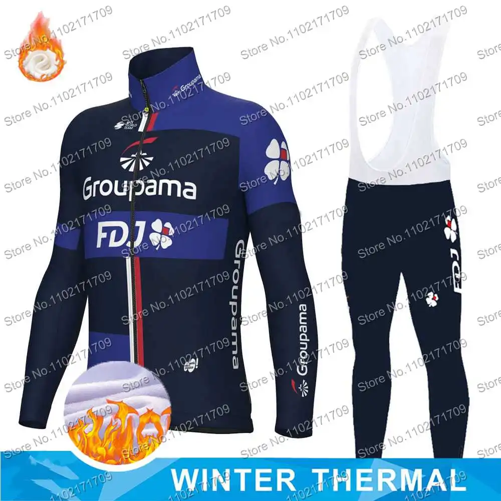 Winter Thermal Pro Team Groupama-FDJ 2024 Cycling Jersey Set Long Sleeve Cycling Clothing Blue for Mens Womens Bicycle Pant Ropa