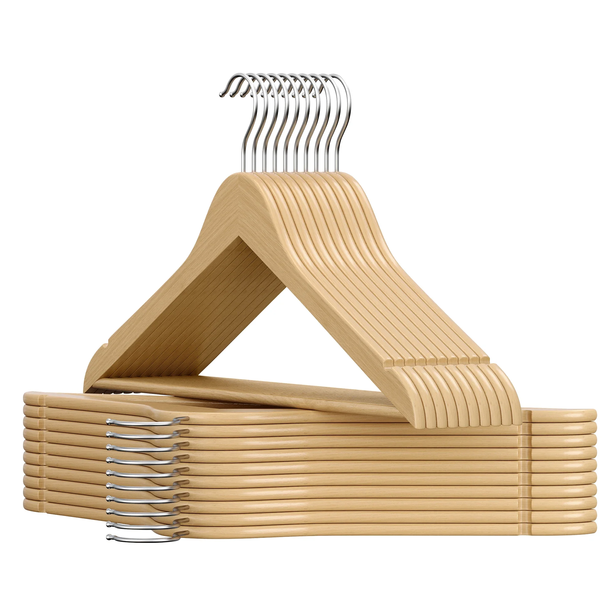 Wooden Hangers, Pack of 10, Slim, Birch Wood, for Strapless Tops, Jackets, Natural