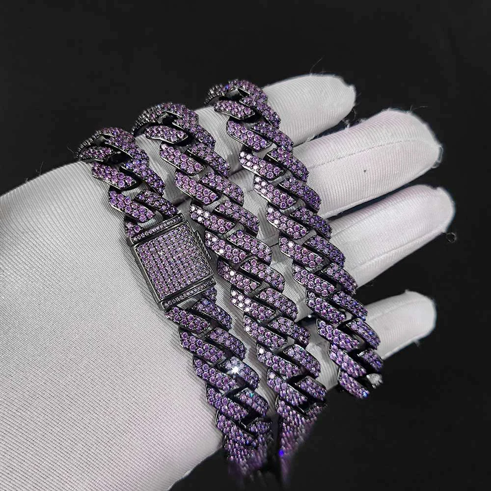 Miami Mens Cuban Link Chain 15MM Iced Out Purple Plated Bling Cuban Necklace CZ Chain for Men Hip Hop Jewelry