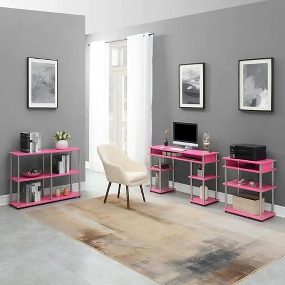 Home Office Desk Console Table Printer Stand Set Pink Storage Solution