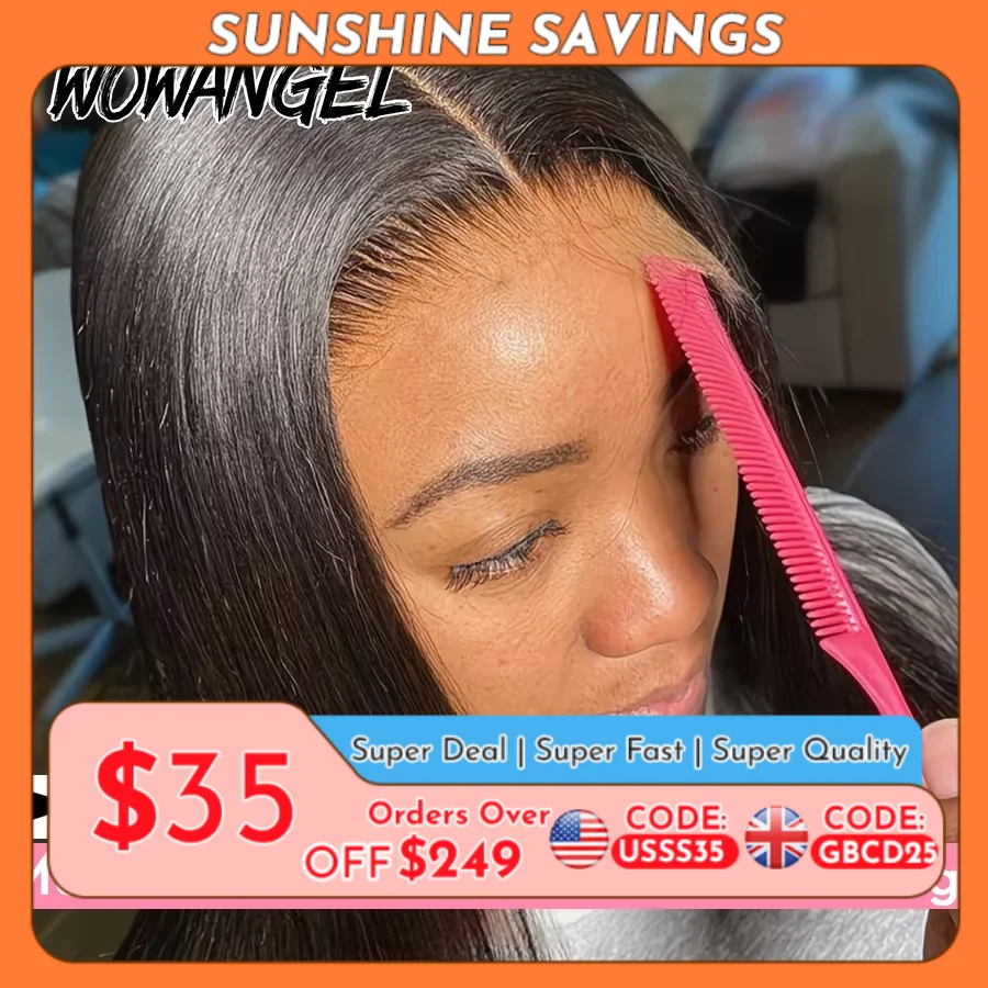 WOWANGEL Perucas Frontais de Renda Lisas 100% Cabelo Humano Pré-Alongadas 13X6 HD, Peruca Frontal de Renda HD Real com Efeito de Pele Derretida para Mulheres