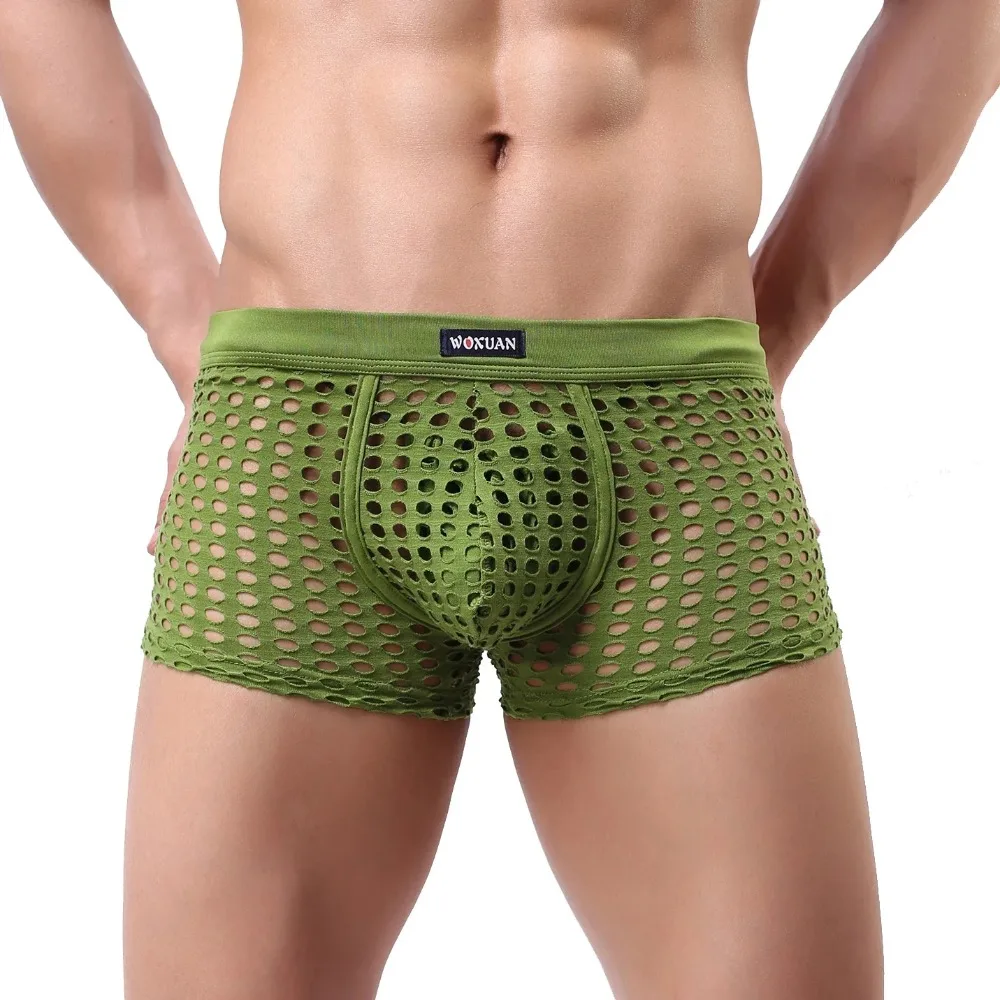 

Breathable Sexy Mesh Men's Low Waist Boxers Shorts Fishnet Hollow Out Male See Through Solid Color Underwear Swim Beach Trunks