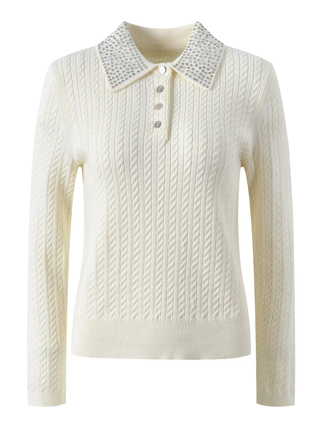 

Autumn 2025 New Collar Knitted Sweater Women's Soft Long Sve Twist Flower Decorated Diamond Gentle Age-Reducing Top