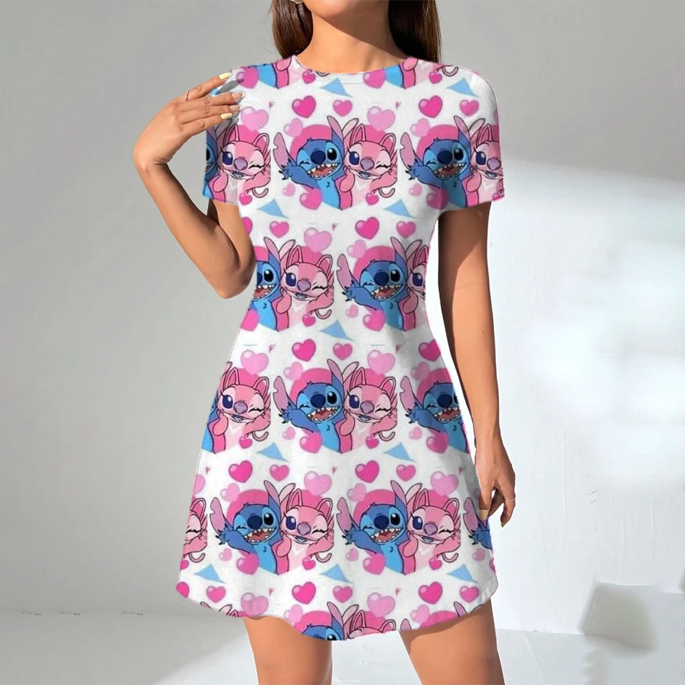 Disney Stitch Lilo พิมพ์ชุดฤดูใบไม้ผลิฤดูร้อนน่ารักเดท Ditsy การ์ตูนแขนสั้น O คอ Mini Cami ชุดลําลองสําหรับสตรี