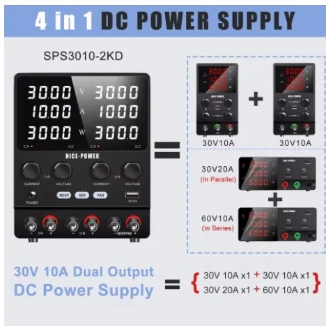 Dual-Channel DC Power Supply 30V 10A,Adjustable Switching Regulated Power Supply, Series Parallel Independent Functions 60V 120V