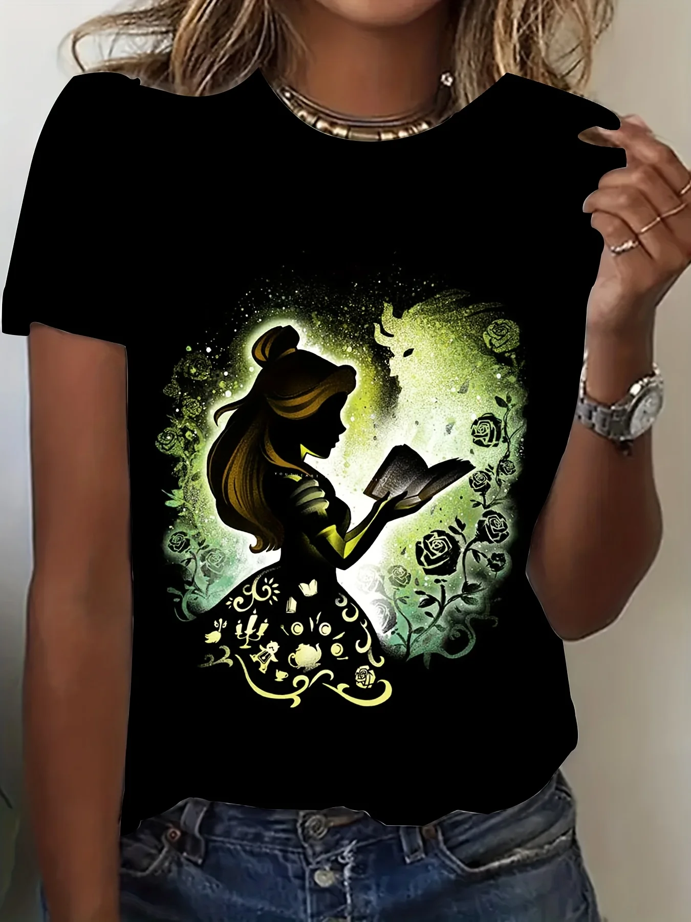 

Женская футболка Disney с 3D принтом принцессы, летний повседневный топ с цветами и звездами, короткими рукавами