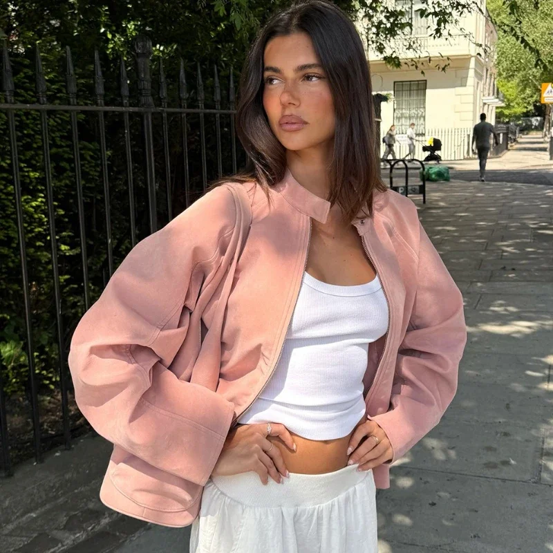 Tornova Fashion Suede Long Sleeve Jacket Women's Stand Collar Vintage Zipper Casual Loose Coat Autumn New Lady High Street Coat