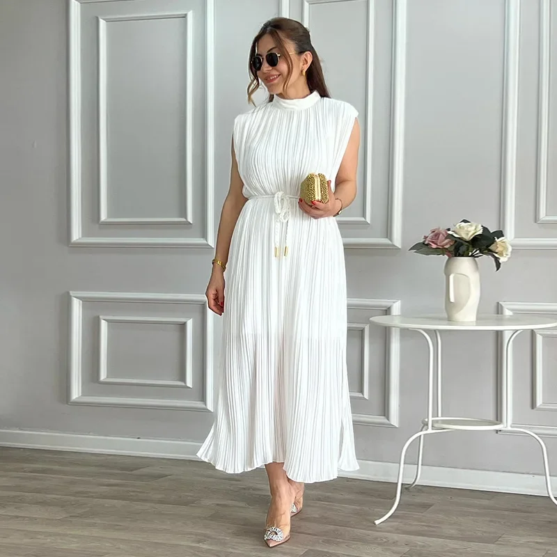 Long Pleated Dress Summer Casual Dress Women Fashion Simple Half Turtleneck Waist-Controlled Lace-up Mid-Length Dress