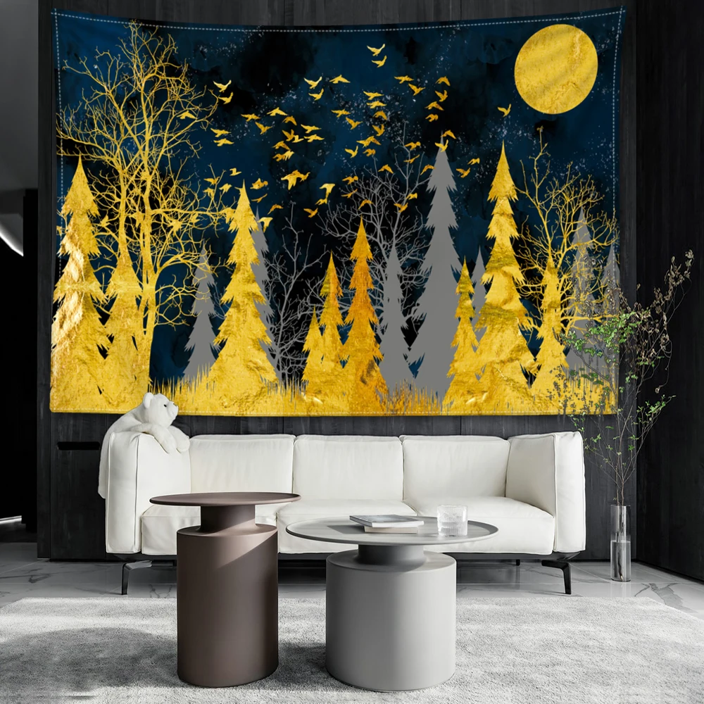 Golden Pine Forest Night Scene Printed Tapestry Simple Style Decorative Tapestry Wall Hanging Art Wall Hanging Decoration