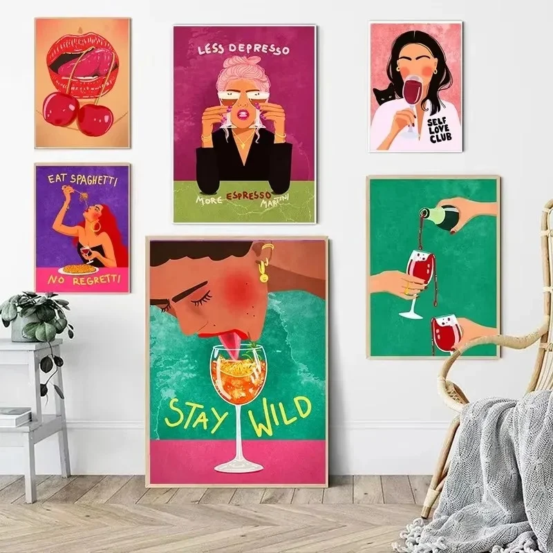 الملونة بوهو قماش اللوحة مثير فتاة شرب النبيذ الفاكهة مجردة جدار الفن الملصقات وطباعة جدار صور لغرفة المعيشة ديكور #1
