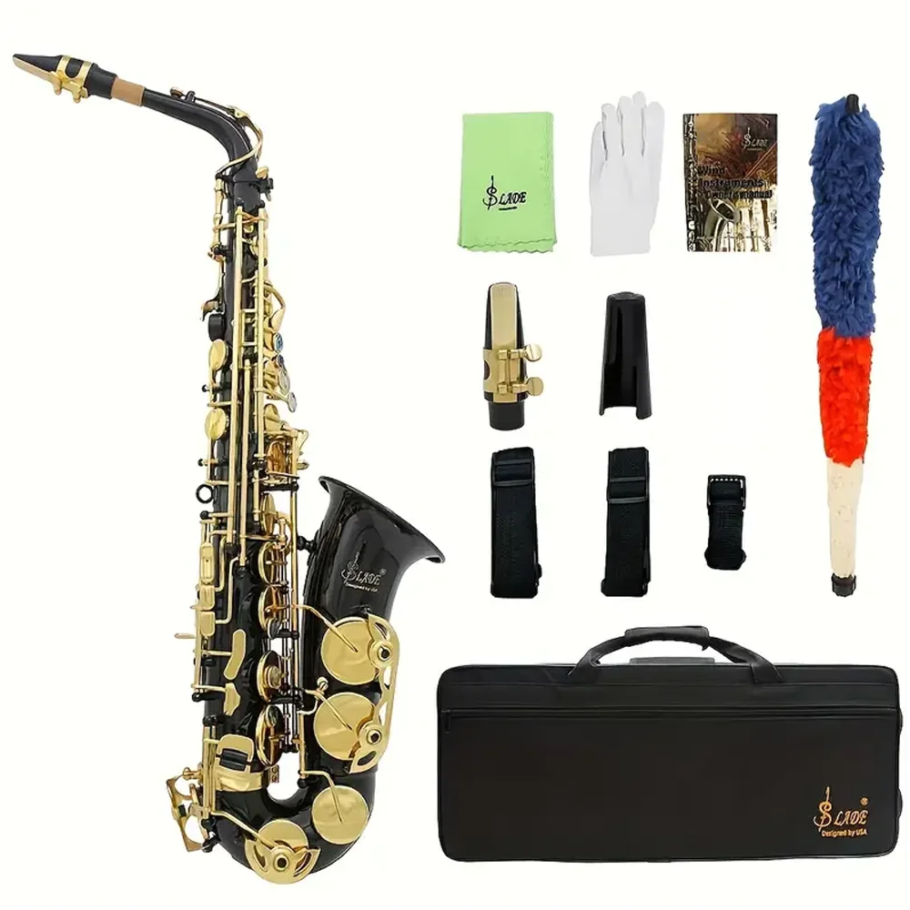 

Mid range saxophone classic black, complex white shell carving, polished brass, suitable for beginners to adults with bags