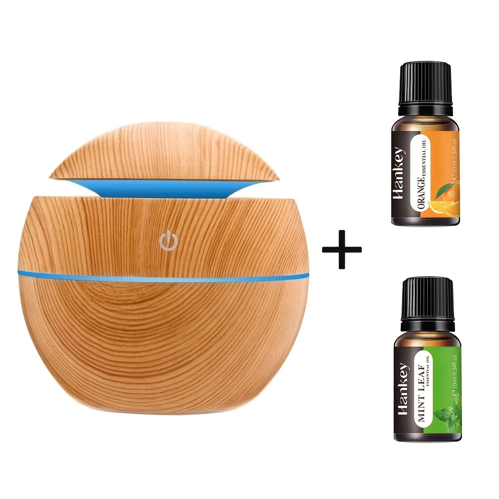 4.4oz Wooden Ultrasonic Electric Air Humidifier Home Aromatherapy Machine Essential Oil Aromatherapy Cold Mist With 2 Oils