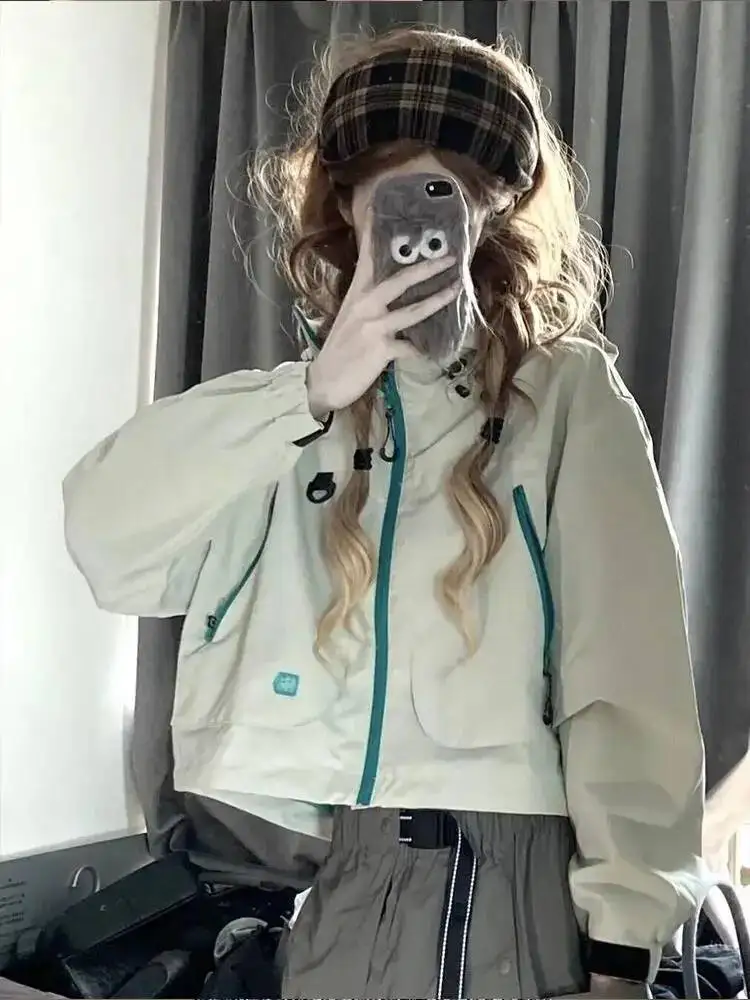 

Short For Women Spring Autumn Zipper Hooded Coat 2025 New Unisex Top Korean High Street Versatile Cargo Jacket