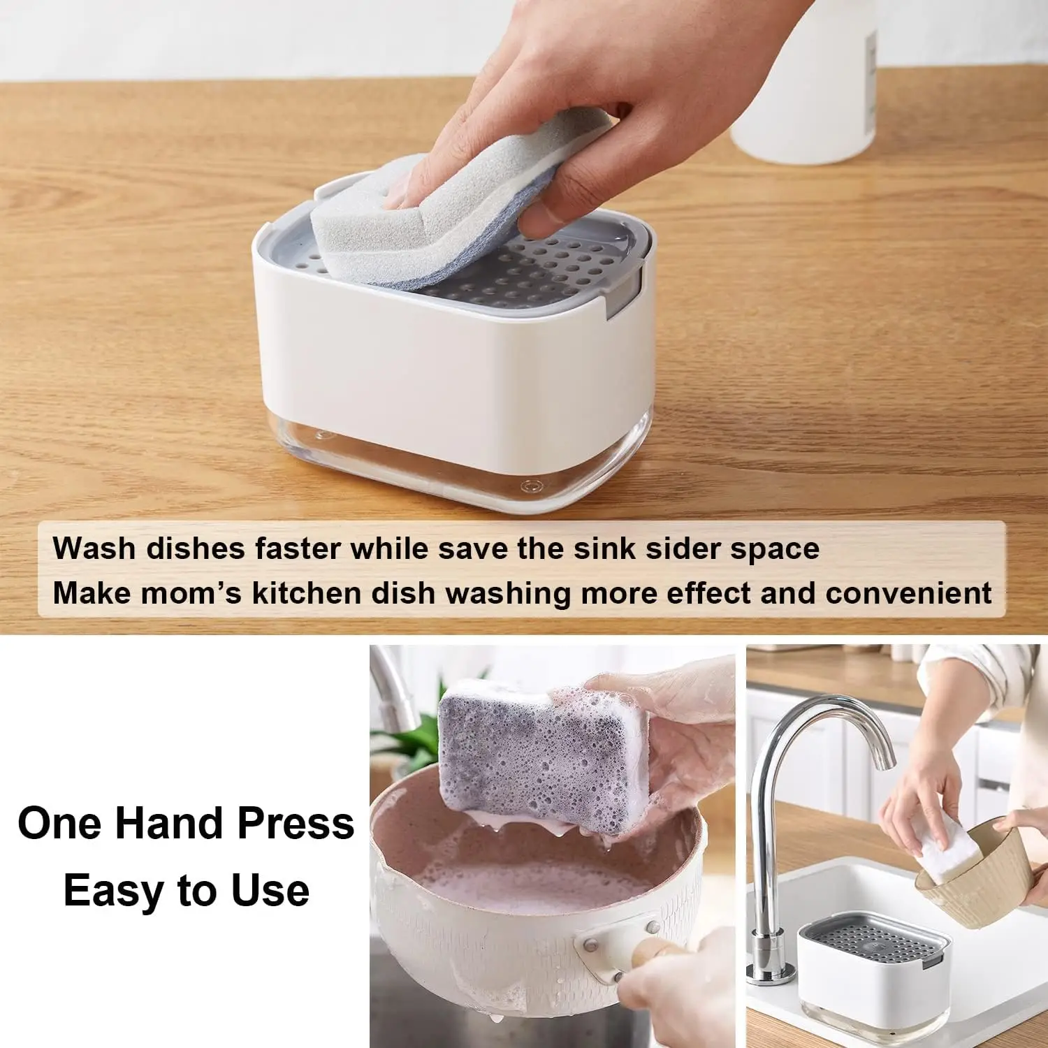 Soap Dispenser Box Press Dispenser Scrubbing Liquid Container Kitchen Bathroom Automatic Detergent Foam Box with Sponge Holder