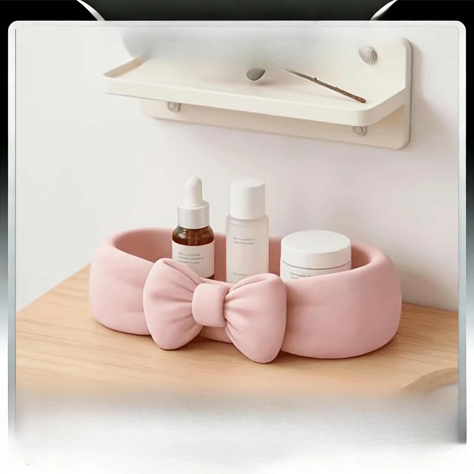 1pcs Cute Bow Bathroom Desk Organizer Pink Makeup Desk Tray Cute Toothbrush and Skincare Storage Box