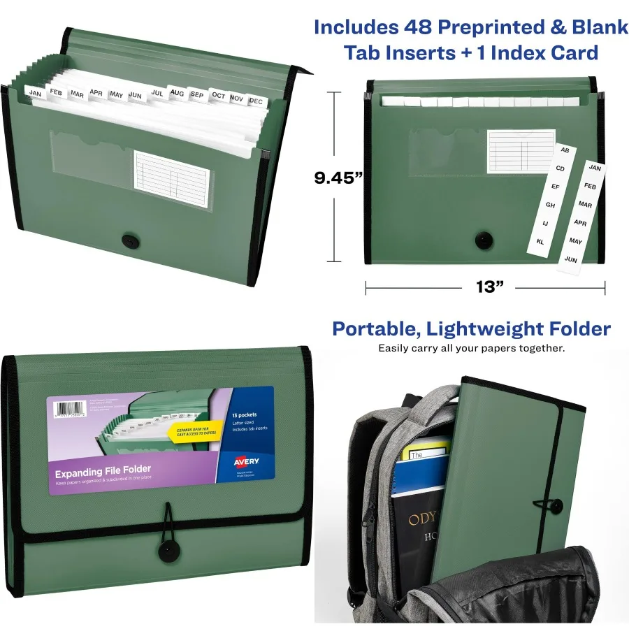 

Avery расширяющийся органайзер для папок с файлами, органайзер для файлов-гармошка с 13 карманами в мудре для эффективного управления документами, вмещает до