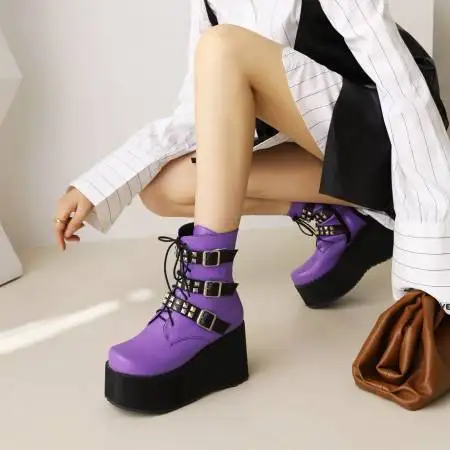 Motorcycle Boots for Women Autumn Platform Wedges Ankle Women\'s Shoes Brand New 2024 Buckle Strap Fashion Goth Purple