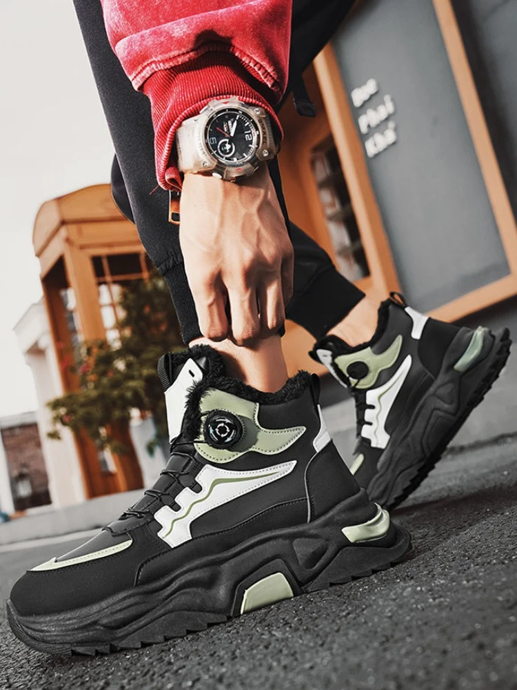 Men's Winter Outdoor Sports Anti-Cold Dad Shoes with Rotating Buckle Thermal High-Top Cotton Shoes for Teens Warmth & Comfort