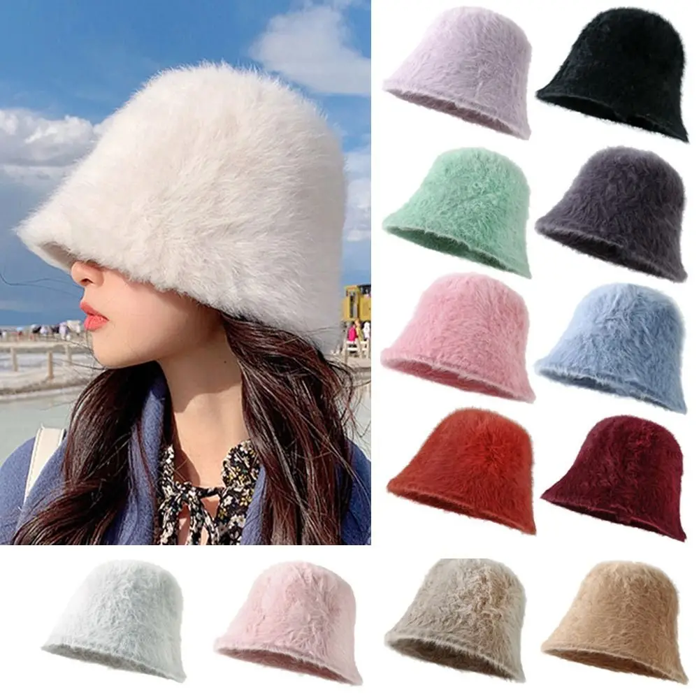 

Outdoor Plush Plush Bucket Hat Warm Soft Fisherman Cap Furry Winter Basin Sun Cap for Women