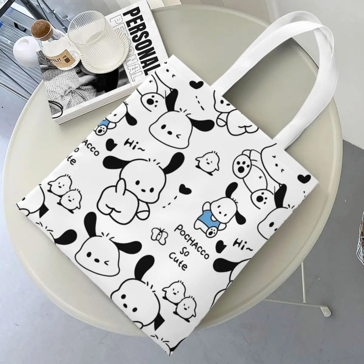 

Холщовая большая сумка с милой собакой Pochacco Kawaii, модная большая вместительная продуктовая сумка для женщин, сумки для покупок