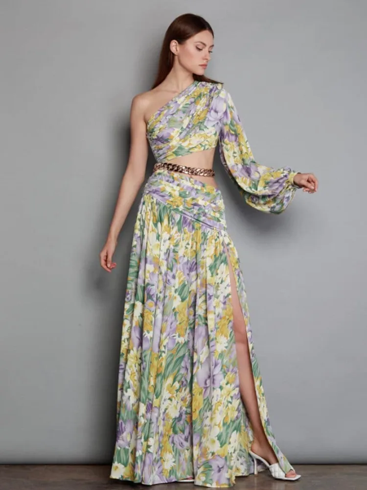 New Women Summer Dress 2023 Sexy Long Sleeve One Shoulder Floral Long Chiffon Maxi Dress Elegant Split Evening Party Dress