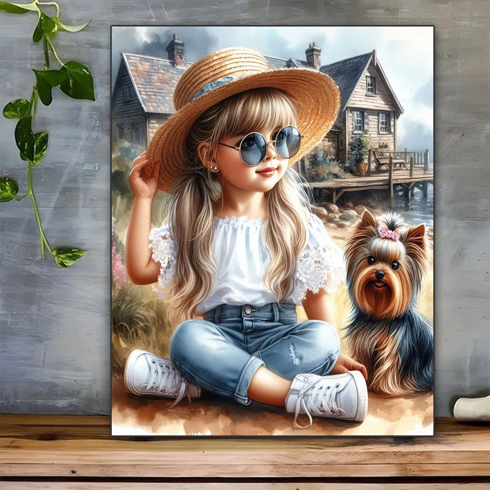 Diamond Painting Cute Girl And Cat Dog DIY Cross Stitch Embroidery Sets Full Round/Square Diamond Mosaic Portrait Decor For Home