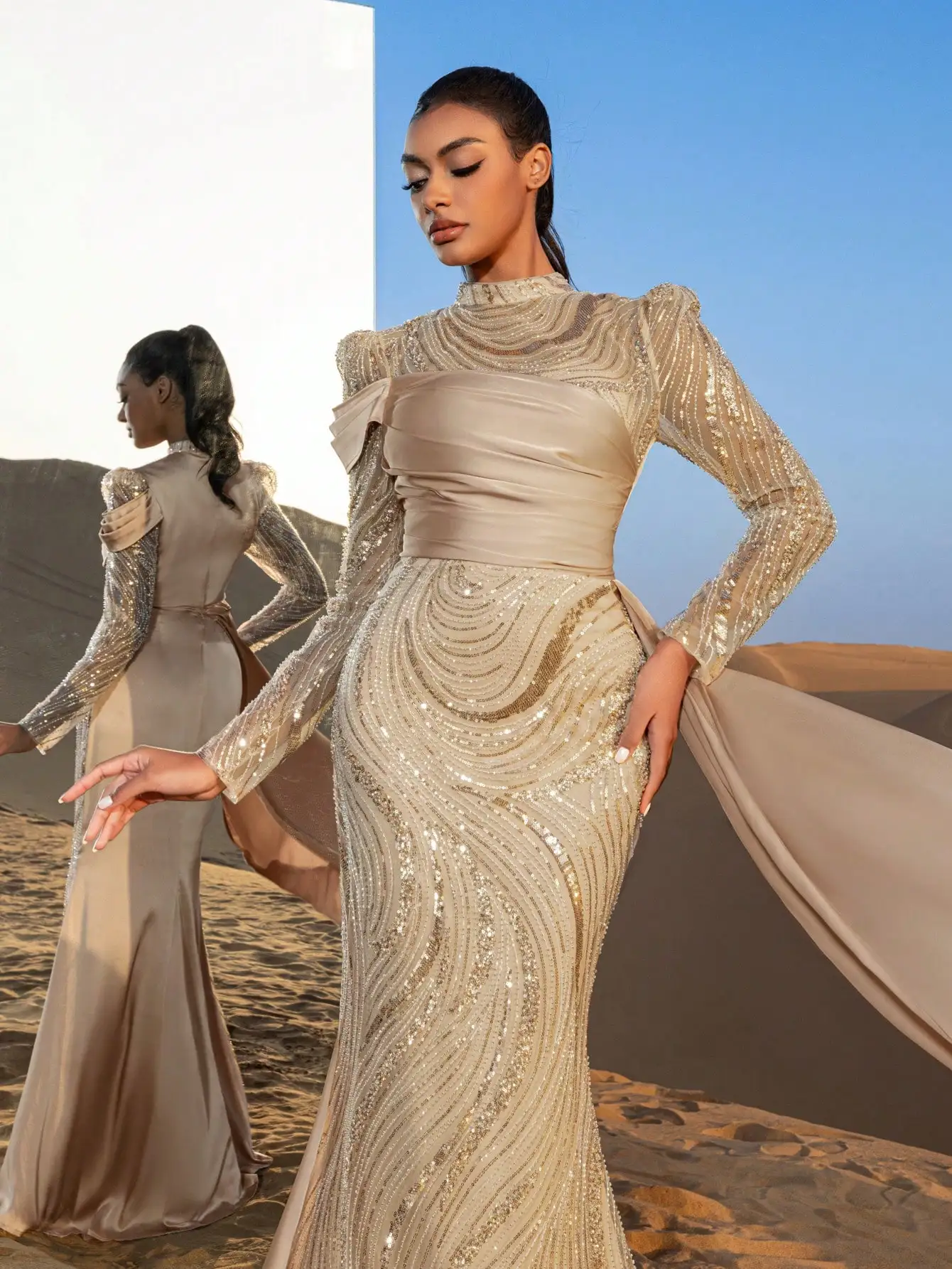 Lindo decote simulado mangas transparentes bainha sereia vestidos formais e vestidos de noite