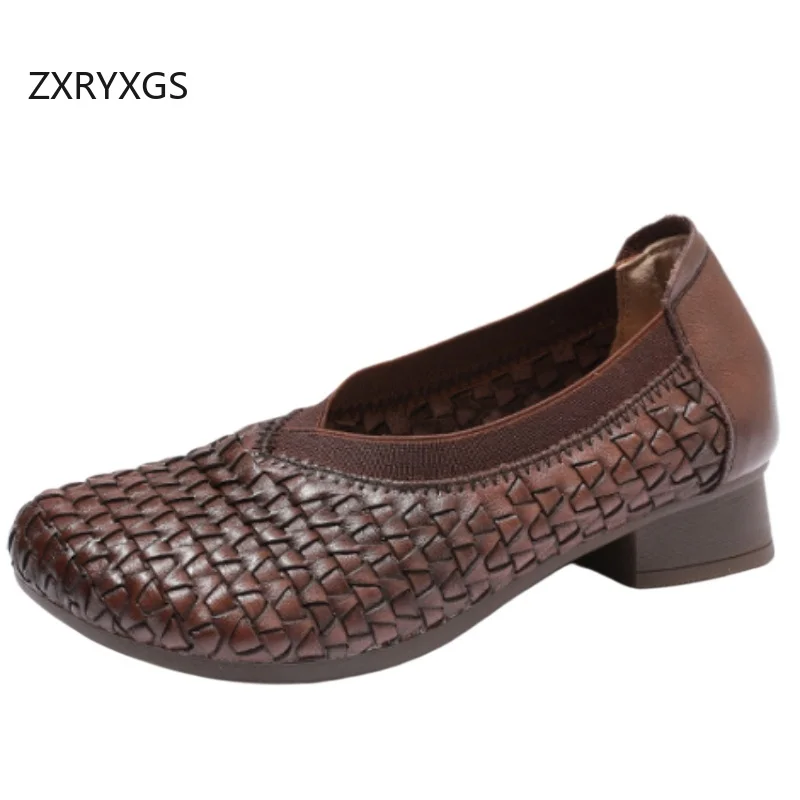 

ZXRYXGS 2025 Premium Full Genuine Leather Weave Shallow Women Low Heel Shoe Elegant Comfortable Soft Sole Office Banquet Shoes