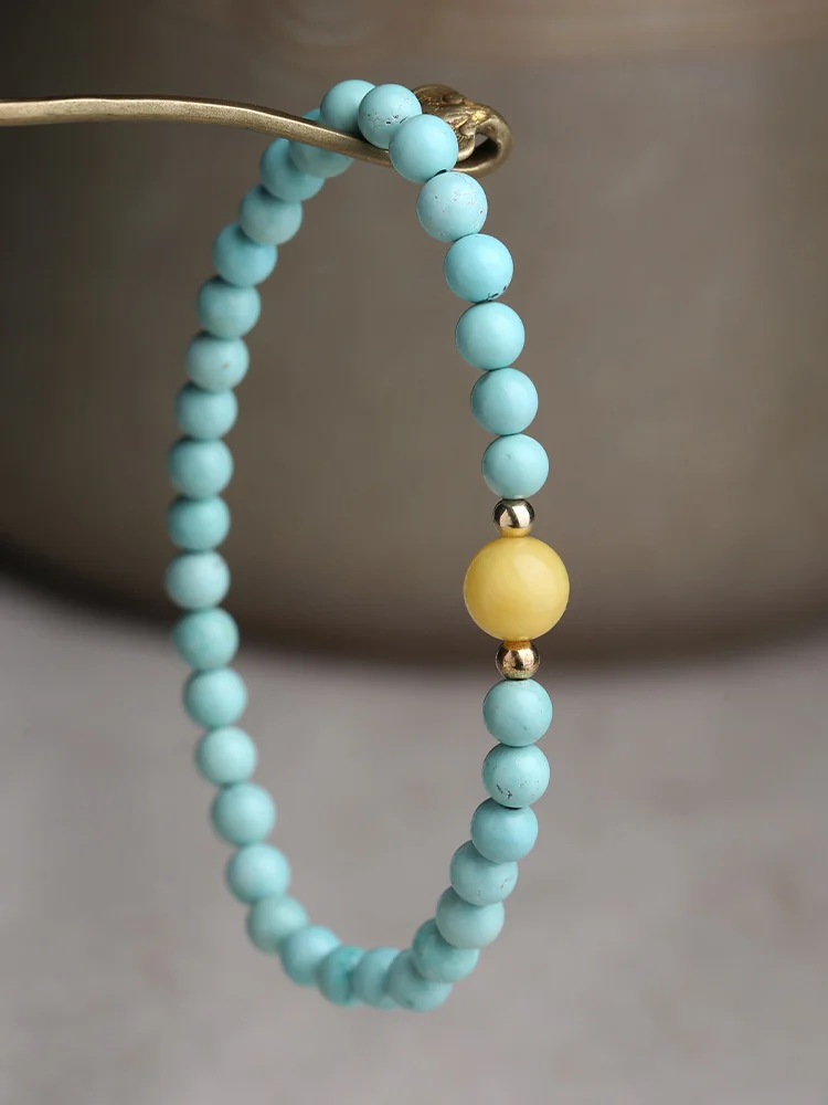 Natural Raw Mineral Turquoise Bracelet with Beeswax Beads Single Ring Bracelet Fresh and Elegant Girls' Summer Style