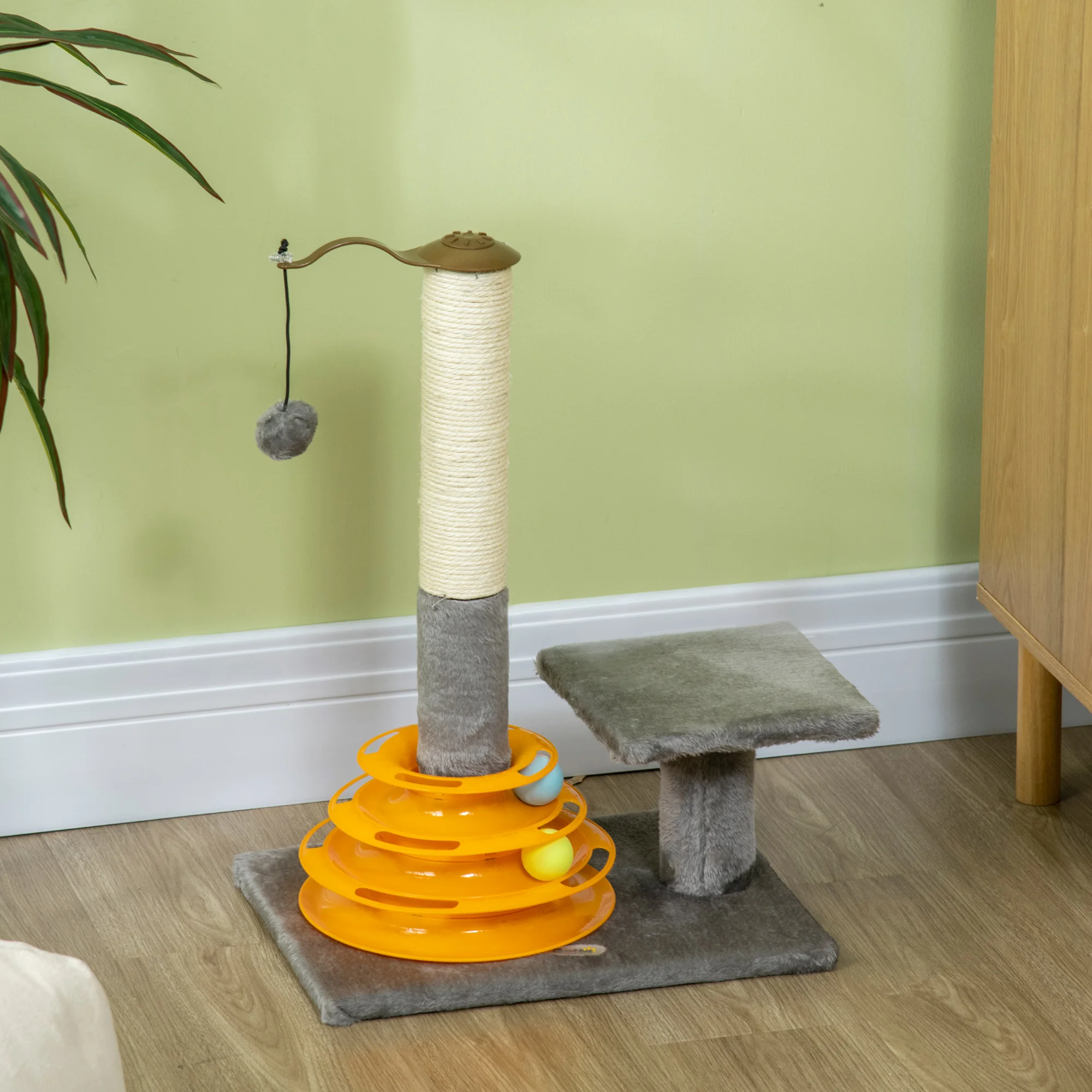 PawHut 56cm Cat Tree for Indoor Cats, Scratching Post with Cat Toys Climbing Tower Activity Centre, Dangling Ball - Grey