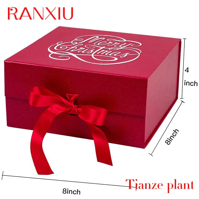 Kunden spezifischer Druck Luxus gebunden rot faltbare Papier boxen mit Band bogen Magnet deckel Box Verschluss Weihnachts verpackung Geschenk box