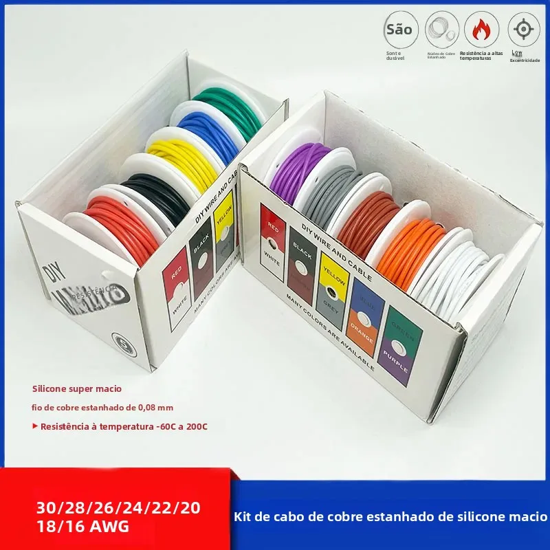 Fio de silicone flexível resistente ao calor 30awg 28awg 26awg 24 22 20awg 18awg 16awg fio de cobre estanhado trançado, conjunto misto de 5 cores