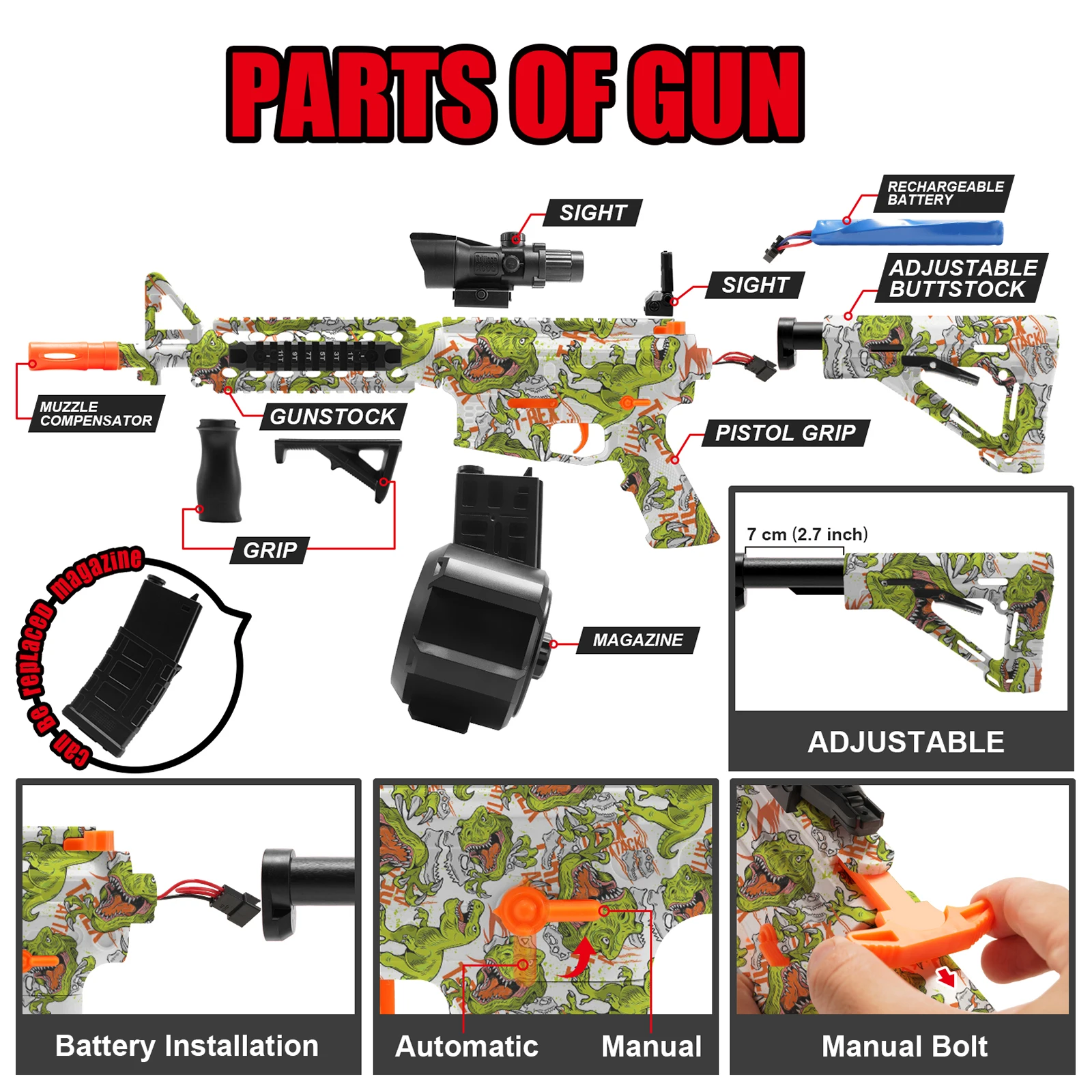 High Speed M4A1 Electric Gel Balls Gun Toys,Automatic&Manual Dual Modes Water Bullets Blaster,Upgraded Water Bead Splatter Toys