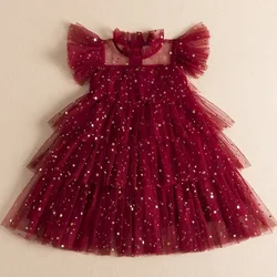 2024 New Girls Sequin Dresses for 3 to 8 Yrs Elegant Birthday Party Princess Dress Ruffles Baby Girls Dress Red Christmas Dress