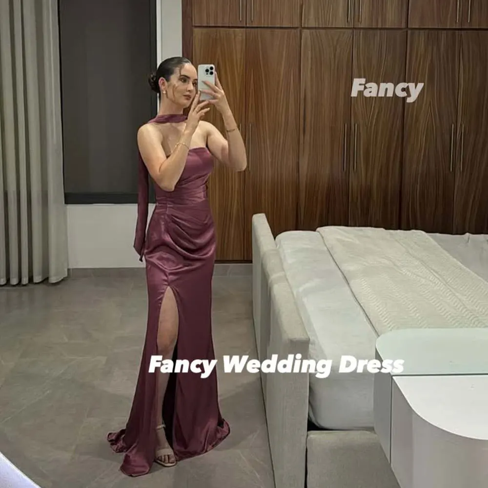 

Fancy Sexy Dark Magenta Wedding Party Engagement Dresses Strapless Saudi Arabia Women Evening Dress Back Zip Customized