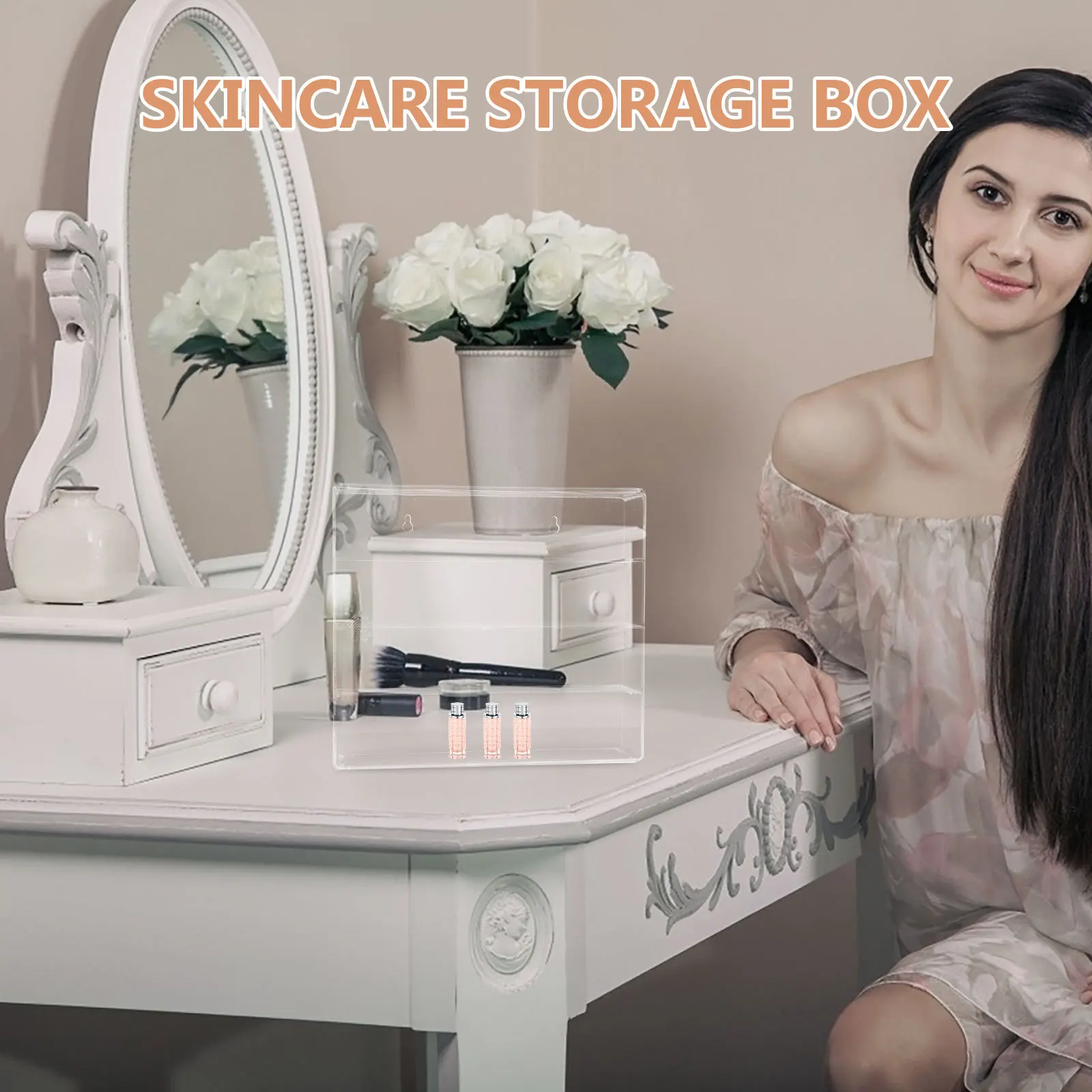 صندوق تخزين شفاف لتنظيم المكياج على سطح الطاولة مع 4 فواصل قابلة للإزالة وأحمر الشفاه والعناية بالبشرة والعطور ومنظم الزيوت العطرية #2