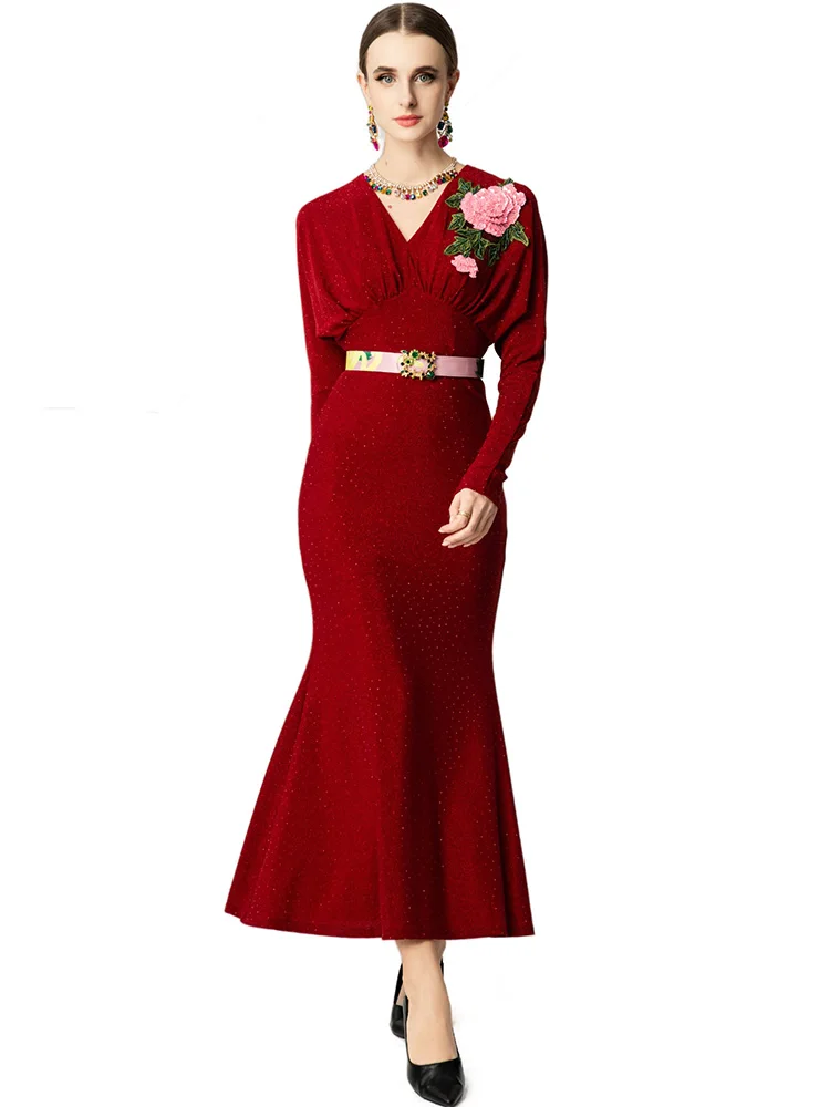 

JUNLINNA Fashionable Women Flower Embroidery Dress V Neck Long Sleeve Beading Vestidos Waist Sashes Sliming High Street