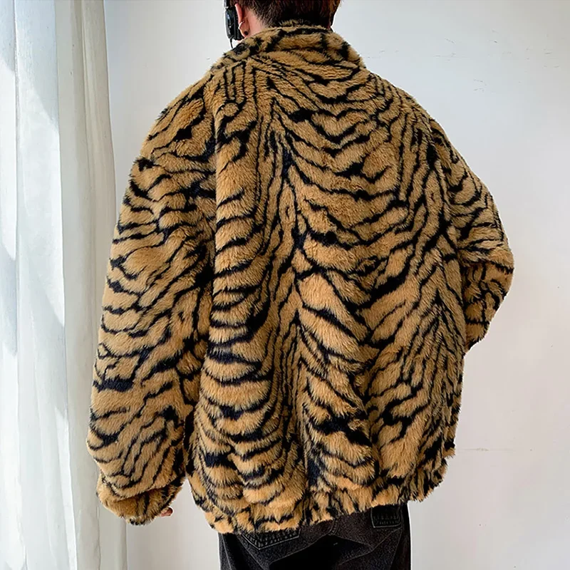 TPJB Faux Fur Coat For Men Turn-down Collar Tiger Leopard Imitate Fur Jacket Thick Winter Warm Fluffy Plush Loose Jumper Outwear