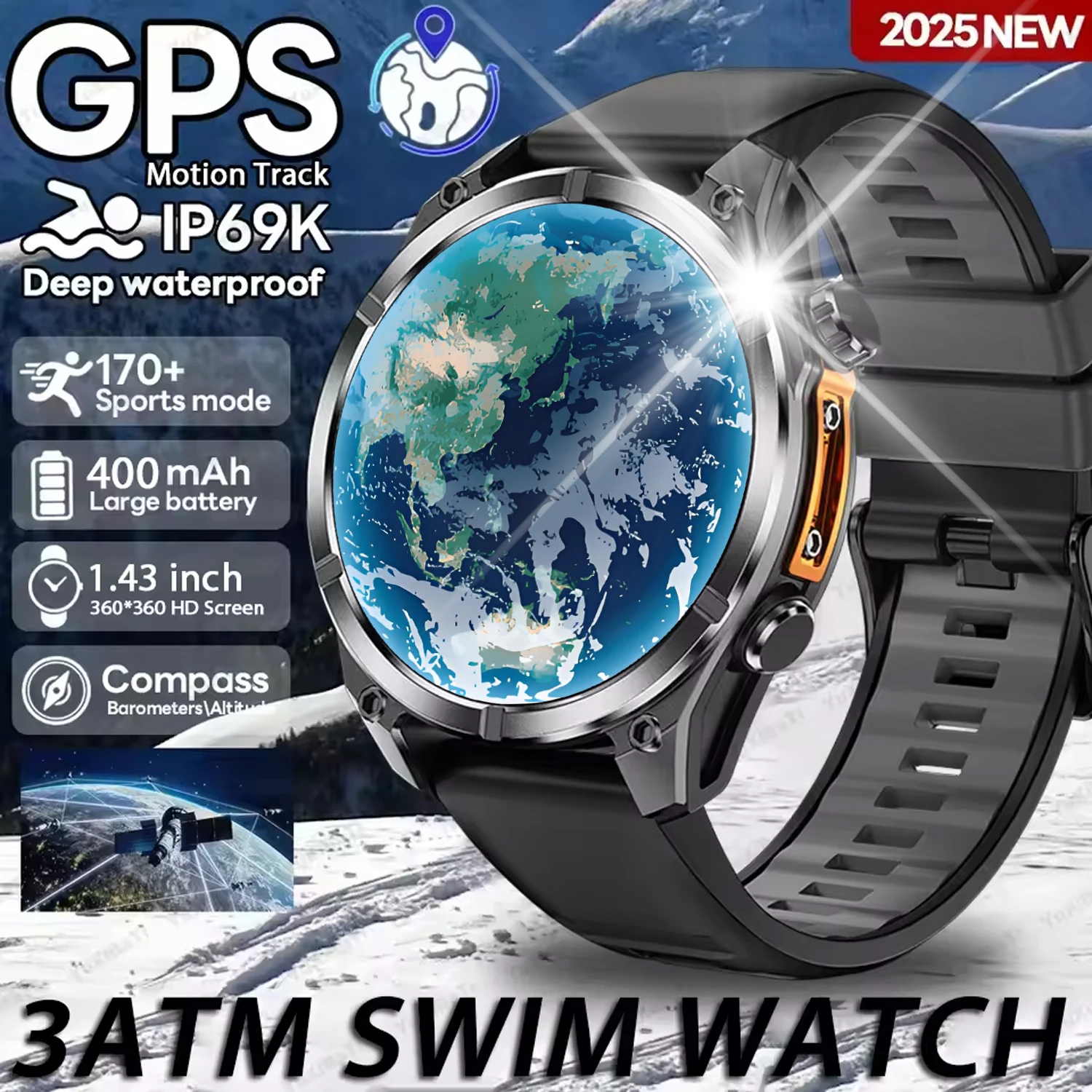 

Outdoor SmartWatch GPS Compass Altitude Air Pressure Bluetooth Call 3ATM Sports Health AMOLED Screen Smart watch 400Mah 2025 New