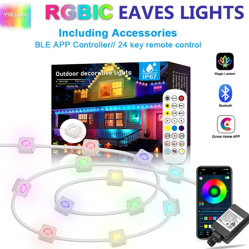 

Bluetooth RGBIC Outdoor Eaves Light String 15M 30LEDS Remote Control App Control Waterproof Easy Install for Festival Xmas Decor