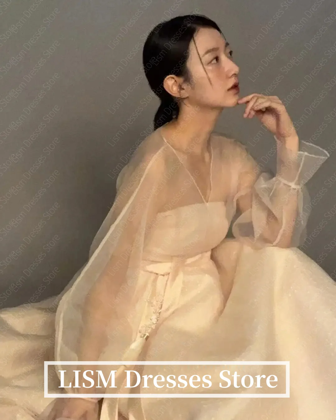 LISM 맞춤형 A 라인 한복 긴 소매 브이넥 웨딩 드레스 한국 사진 촬영 신부 가운 맞춤형 공식 파티 드레스