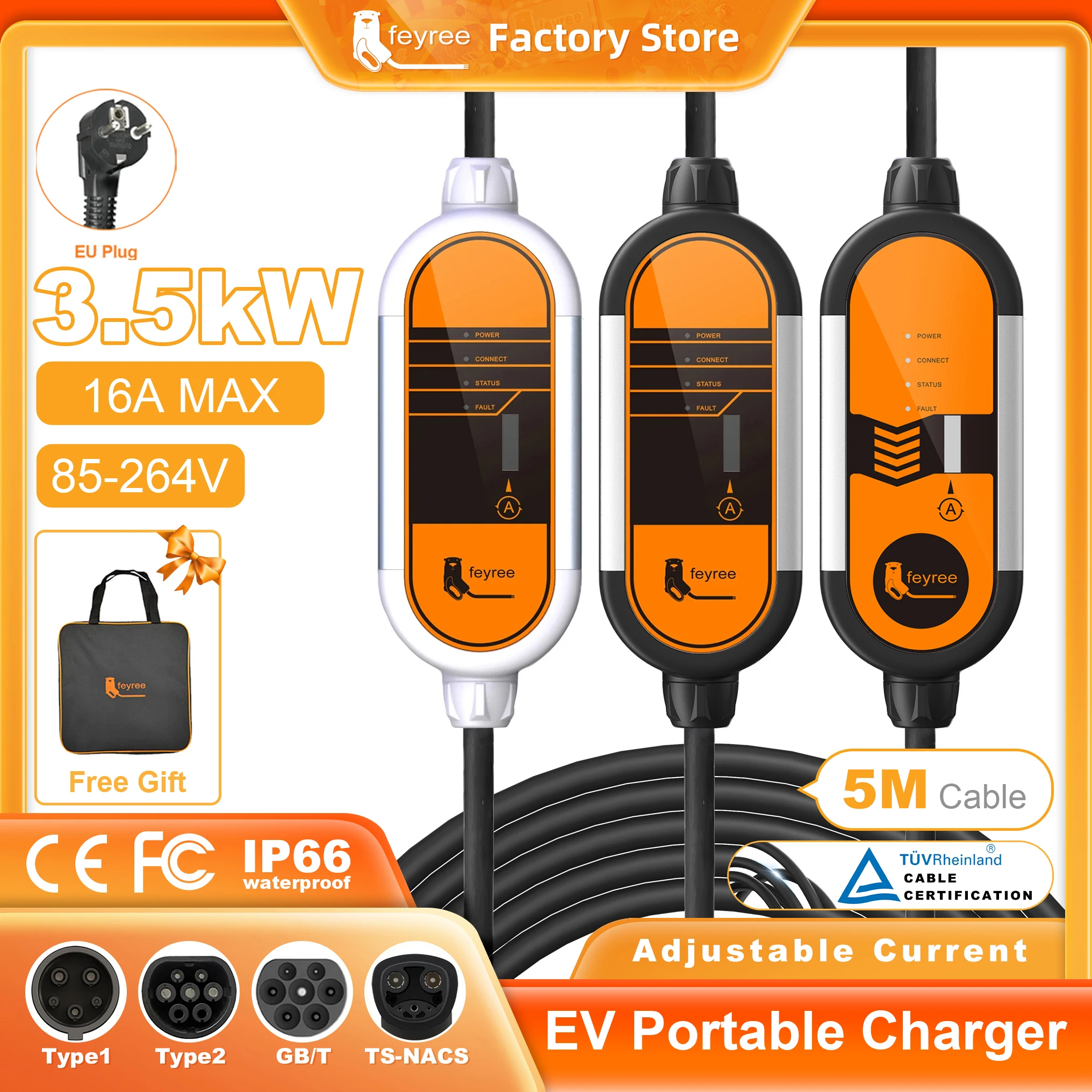 feyree Type2 16A 3.5KW Portable EV Charger EVSE Charging Cable 5m with Schuko Plug Current Adjustable for Electric Car Charger