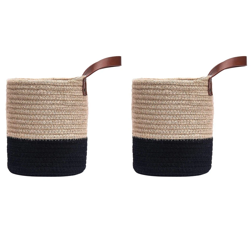 Tecido Cesta Pendurada Com Alça De Couro, Montado Na Parede, Cesta De Armazenamento, Organizador De Prateleira Para Plantas, Decoração De Casa, Grande, Quente, 2X
