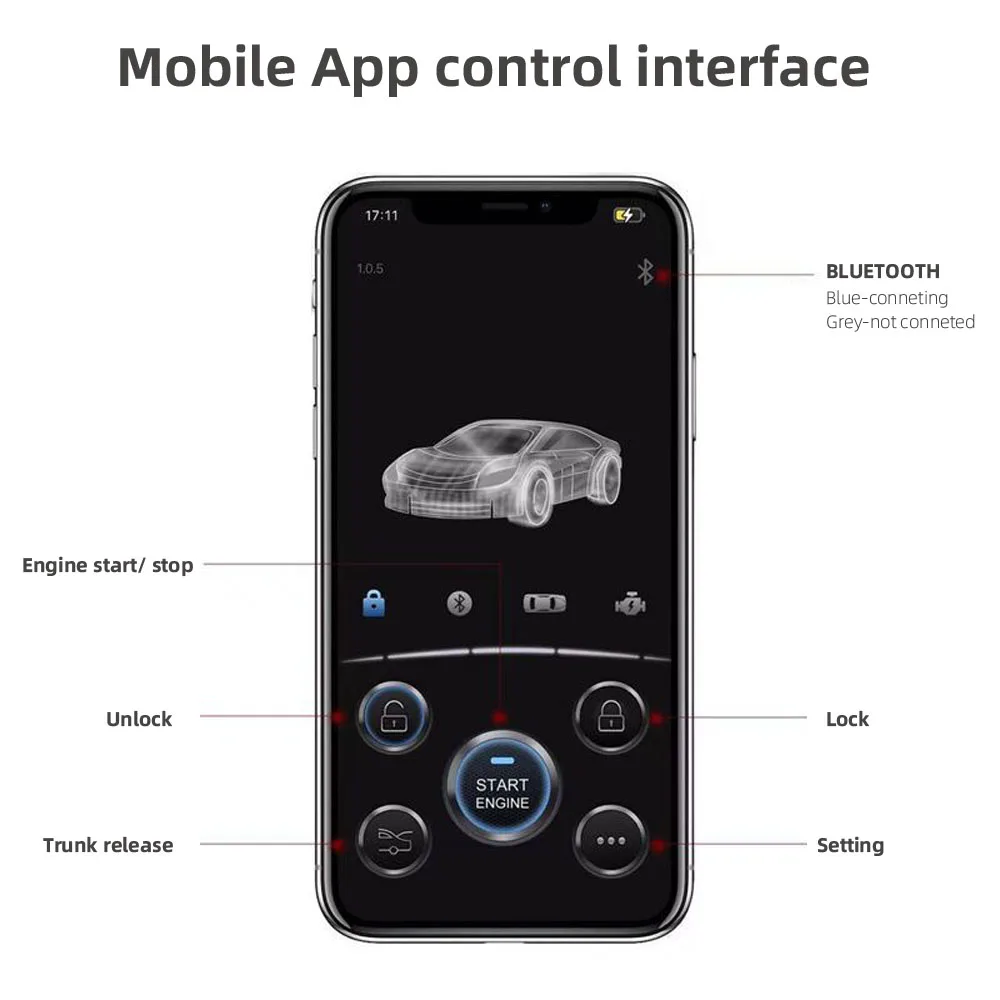 Smart BT Phone APP Control PKE Keyless Entry Engine Start Alarm System Push Button Remote Starter Stop Auto Anti-theft System