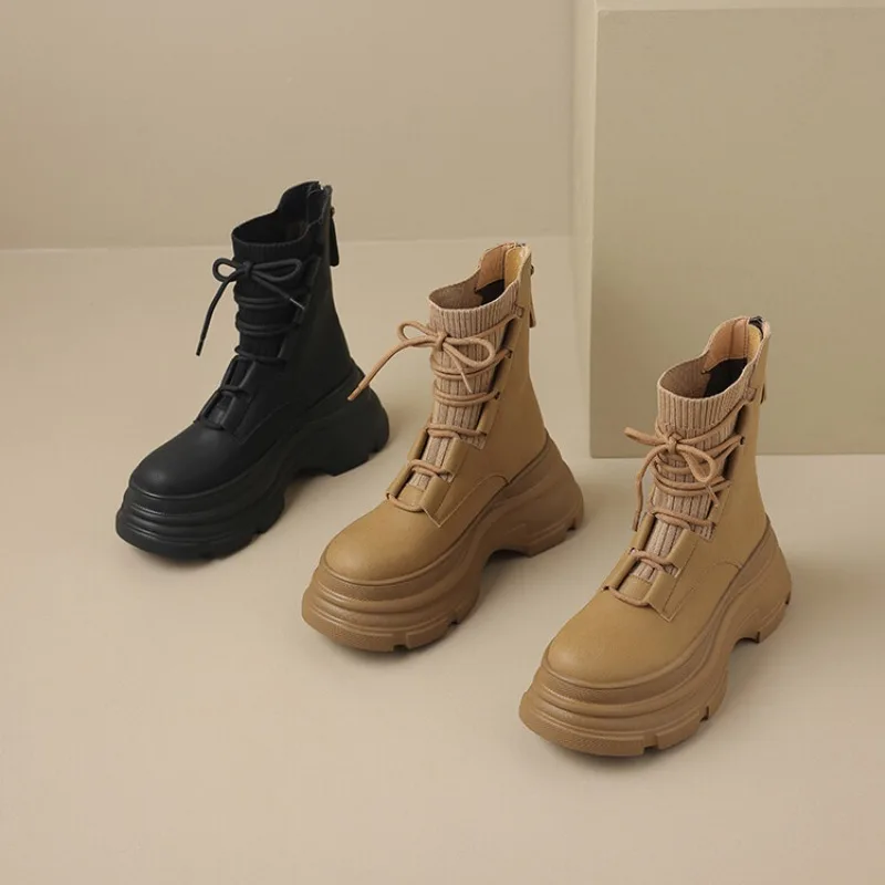NEW Designer Women High Platform Gothic Leather Punk Shoes Female Ankle Short Combat Boots Wedge Heels Chunky Motorcycle Boot - view 2